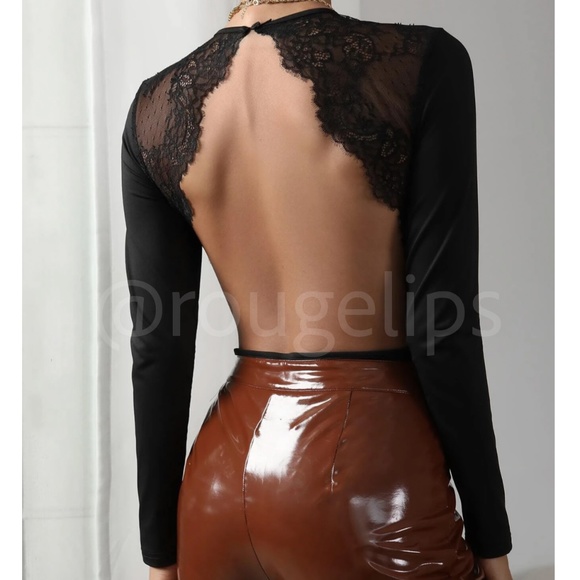 Rouge! Tops - Black Lace Detail Round Neck Bodysuit Backless Long Sleeves